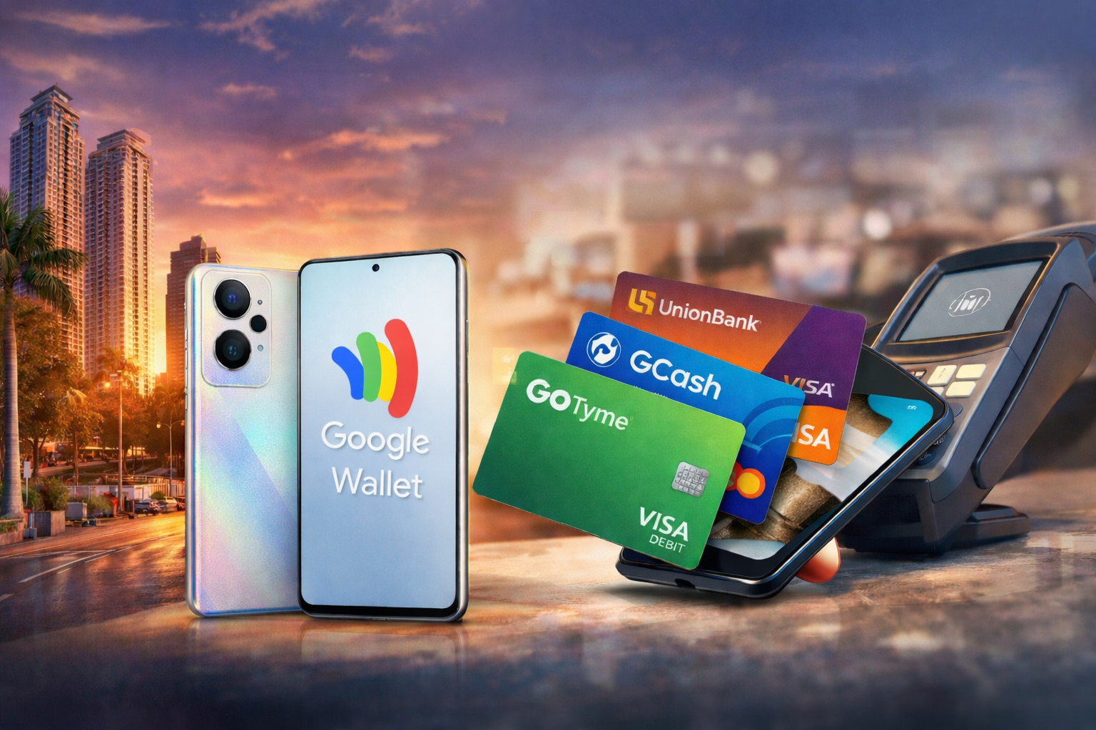 One phone displays the Google Wallet logo, while nearby bank cards and a contactless payment terminal suggest tap-to-pay use in the Philippines.
